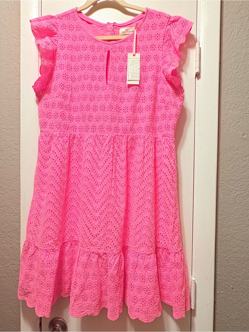 Vineyard Vines Bright Pink Eyelet Ruffle-Hem Lined Dress Size 16 - Picture 1 of 10